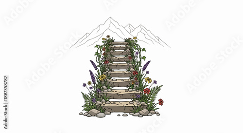 A colorful stone staircase adorned with flowers and greenery ascending towards outline mountains