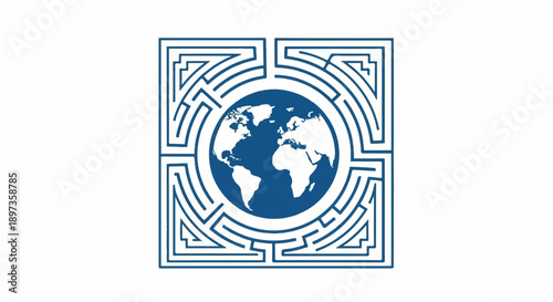 A minimalist illustration featuring a blue and white world globe centered within an intricate maze pattern