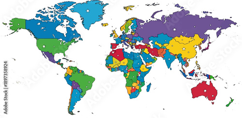 A colorful world map showing all countries, each shaded with different hues, featuring star markers