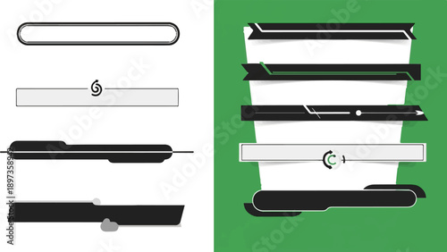 A diverse collection of black, white, and green graphic banners,  bars, and UI elements on split background
