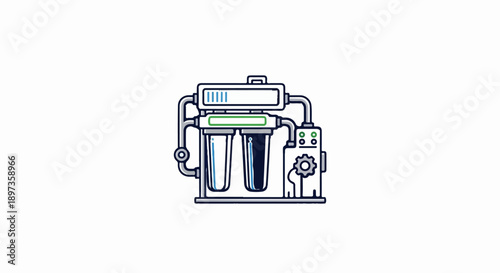 A minimalist illustration of a water filtration system with two visible filters and control panel on white
