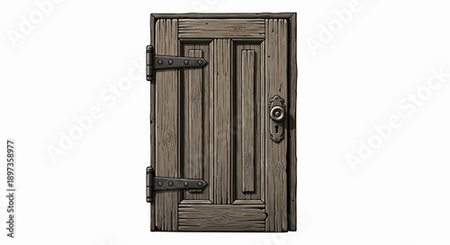 A rustic, weathered wooden door with metal hinges and an old doorknob on a white background