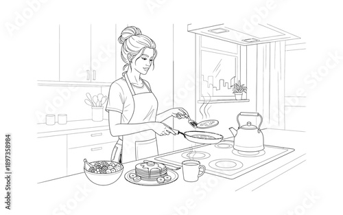 Woman cooking pancakes in a modern kitchen with a window view