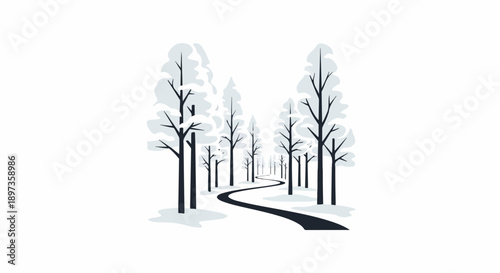A minimalist illustration of a winding road through a serene winter forest with snow-covered trees