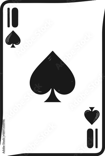 A minimalist illustration of a white playing card featuring a large central black spade symbol