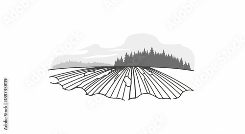 A minimalist, monochromatic illustration of a cultivated field leading to a dense forest under a cloudy sky