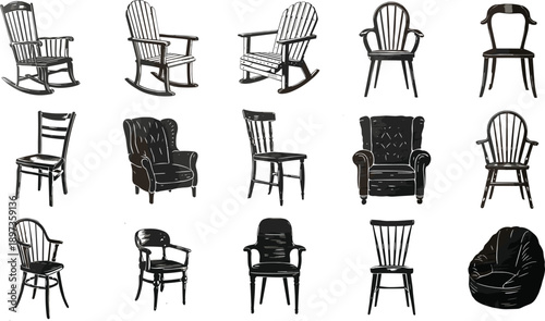 Vintage chair illustration collection, hand drawn furniture sketches set, classic seating designs, interior decor elements, retro style, black ink artwork