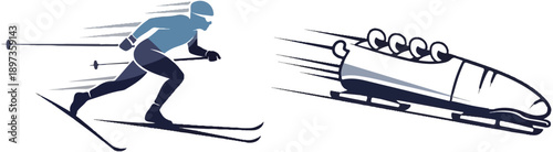 A dynamic illustration featuring a fast cross-country skier and a speedy bobsled with a four-person crew