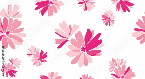 A seamless pattern features various sizes of stylized pink and fuchsia flowers on a white background