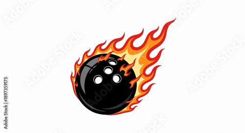 A dynamic illustration of a black bowling ball enveloped in vibrant orange and red flames