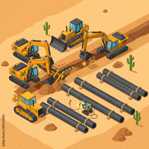 Heavy machinery excavating and laying pipes in a desert environment.