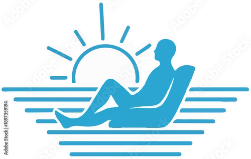 A serene blue icon depicting a person relaxing in a chair under a bright sun with horizontal lines