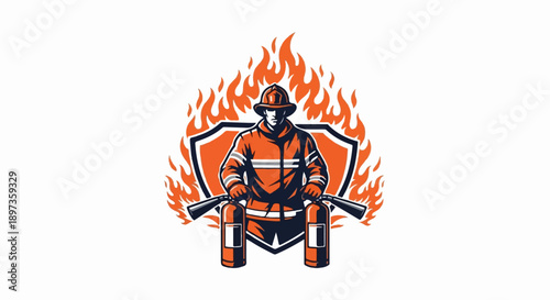 A stylized illustration of a firefighter in gear, holding two fire extinguishers, against a fiery shield