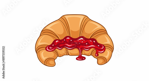 A stylized illustration of a golden-brown croissant topped with a generous layer of vibrant red jam, dripping down