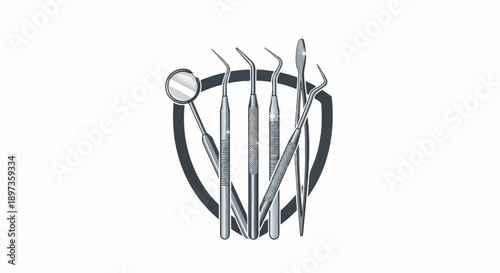 A set of six shiny metallic dental instruments, including a mirror and various picks, arranged with a shield outline