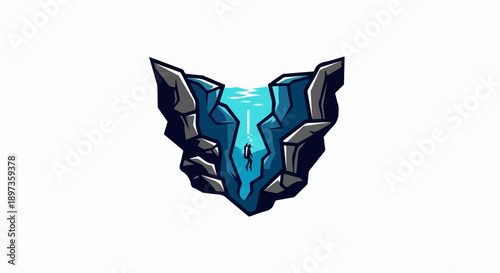 A stylized illustration of a lone diver descending into a deep, blue underwater cave surrounded by rugged rocks