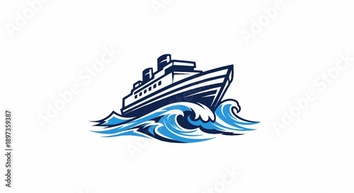 A stylized illustration of a large passenger ship sailing through dynamic blue ocean waves