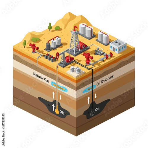 Isometric Cross-Section of Oil and Natural Gas Extraction.