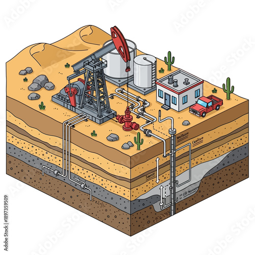 Isometric Cross-Section of Oil Extraction and Fracking Process.