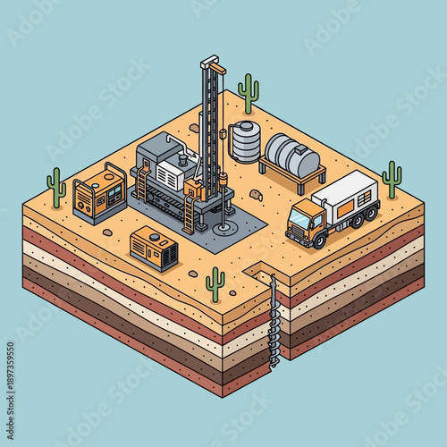 Isometric illustration of a desert oil drilling site with detailed machinery.