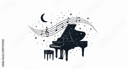 A monochrome illustration of a grand piano and stool, under a crescent moon, surrounded by stars and music notes