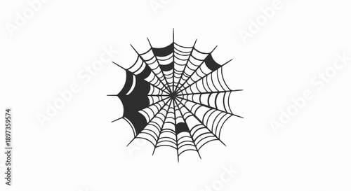 A monochrome illustration of a spider web featuring a circular, intricate pattern with some filled segments