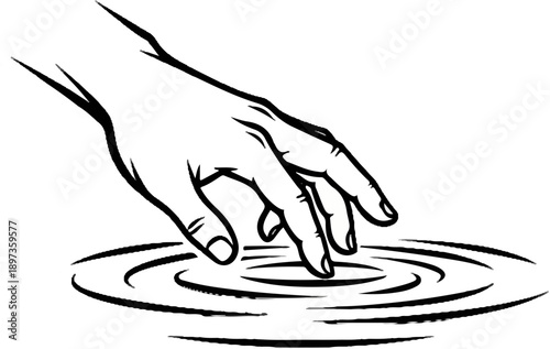 A monochrome illustration of a human hand gently touching water, generating ripples on the surface