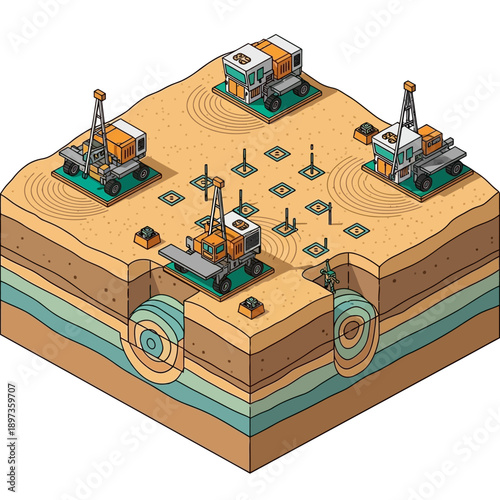 Isometric illustration of seismic exploration for oil and gas.