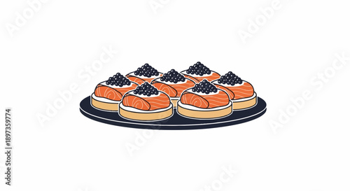A stylized illustration of six delicious appetizers on a dark plate, each featuring salmon and black caviar