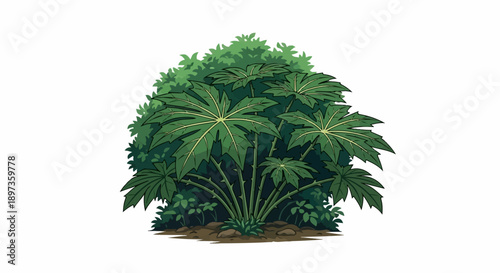 A vibrant cartoon style illustration of a lush green thorny plant with large palmate leaves growing from dark soil