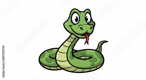 A friendly green cartoon snake with big eyes and a red tongue smiles on a white background