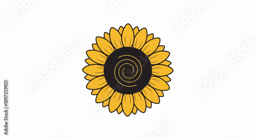 A vibrant cartoon-style sunflower illustration with bright yellow petals and a dark center featuring a gold spiral design
