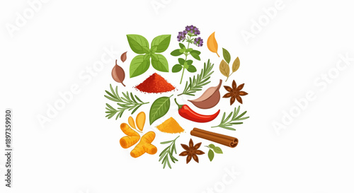 A vibrant circular arrangement of assorted culinary herbs, spices, and ingredients on a white background