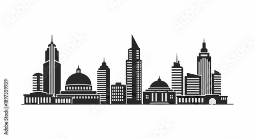 A simple black and white silhouette of a diverse city skyline featuring various architectural buildings