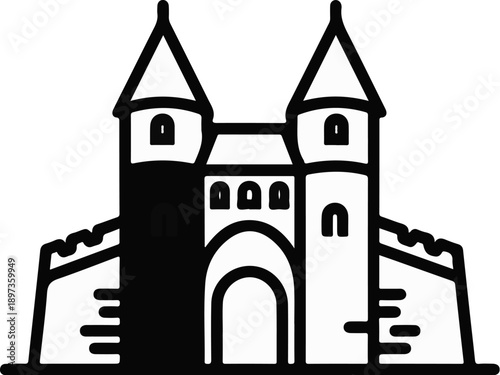 A simple black outline icon of a fortified castle with two spired towers and a main arched entrance