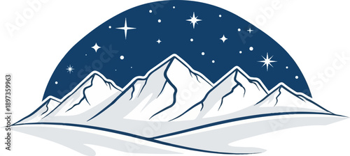 A stylized mountain range under a dark blue, starry night sky with snow and ice illustration