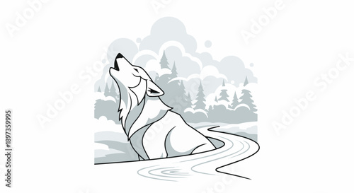 A stylized monochrome illustration of a wolf howling in a winter forest landscape with a river