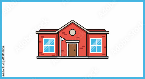 A simple, colorful illustration of a red brick building with a brown door, white trim, and blue-paned windows