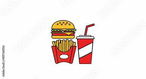 A simple flat illustration of a cheeseburger, golden french fries in a red container, and a soda drink