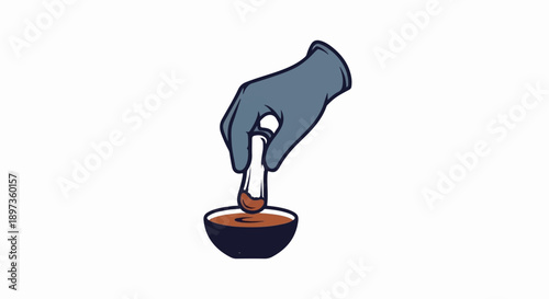 A gloved hand dips a swab-like object into a dark bowl containing a brown liquid on a white background