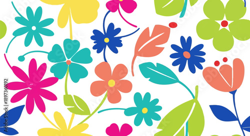 A vibrant, playful pattern of hand-drawn flowers and leaves in various bright colors on a white background