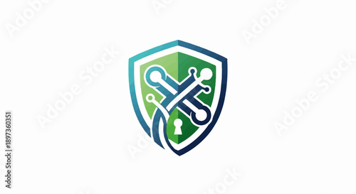A gradient green and blue shield emblem with abstract circuit elements, interconnected lines, and a keyhole symbol