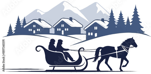 A stylized winter scene of two people riding in a horse-drawn sleigh past snow-covered houses and mountains