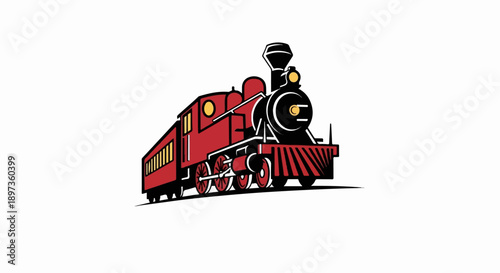 A vibrant red and black cartoon-style steam train with a passenger car travels along tracks on a white background
