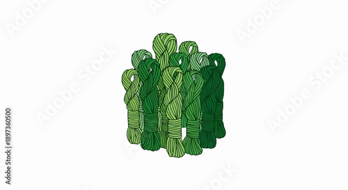 A vibrant collection of green thread skeins in varying shades, neatly bundled against a white background