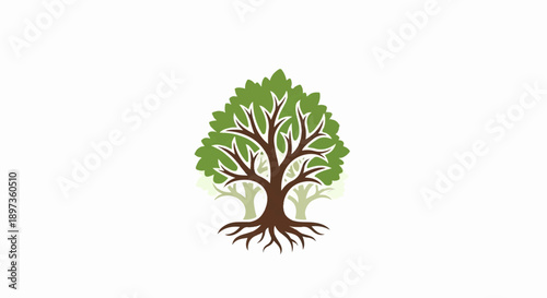 A graphic of a stylized green tree with a brown trunk and roots, with two lighter trees behind it