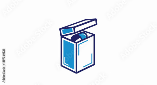 A simple line art illustration of an open white and blue box with a capsule inside on a white background