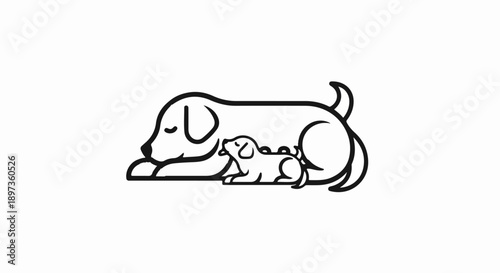 A simple line art illustration of a large dog lying down with a small puppy next to it, on a white background