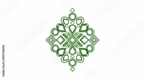 A symmetrical green geometric pattern with intricate embroidery-like details on a white background