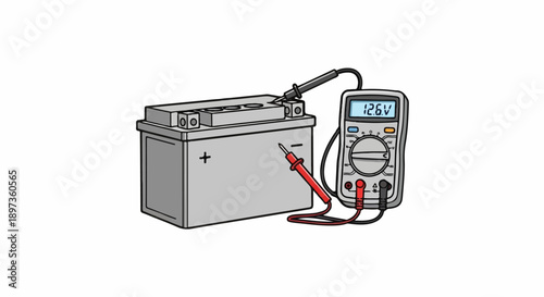 A gray car battery being tested by a digital multimeter, displaying a voltage reading of 12.6V